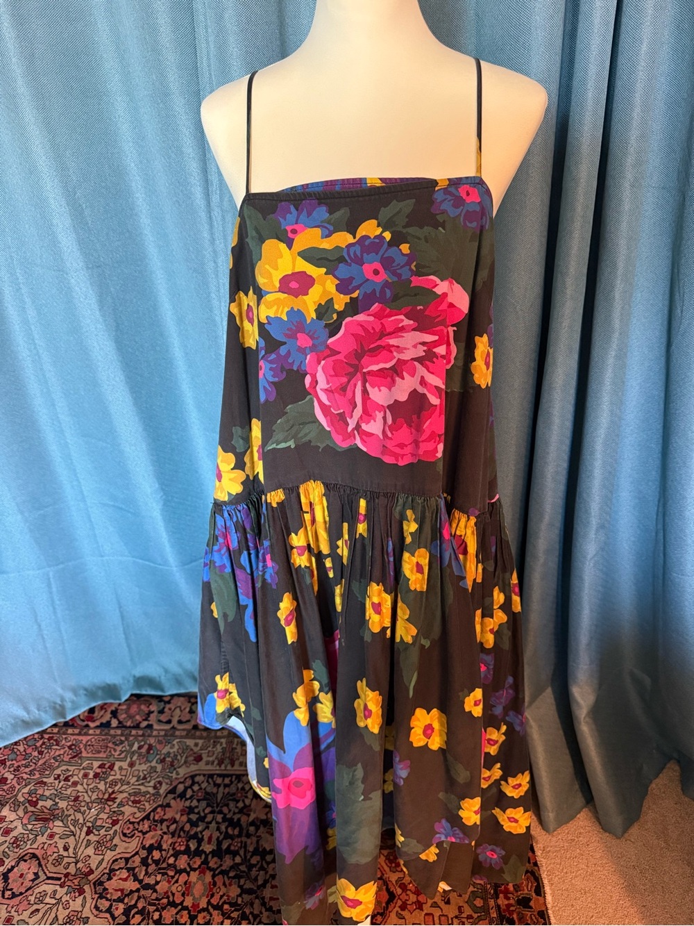 Marques Almeida cotton Floral Black Spaghetti Strap Sundress with Bright Blooms